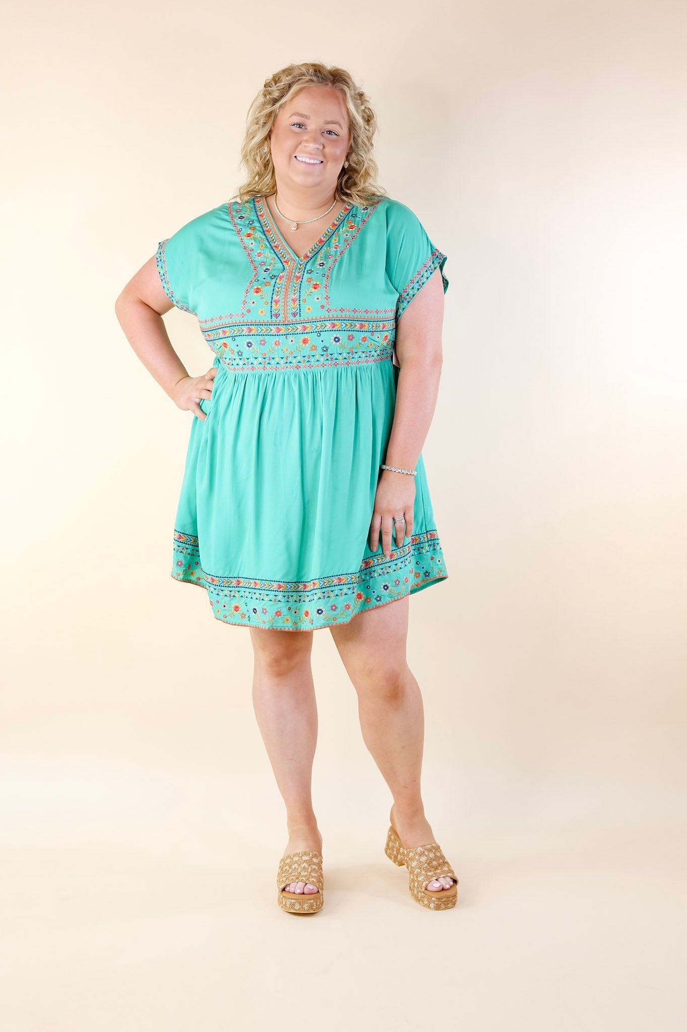 Passing Through V Neck Embroidered Dress with Short Sleeves in Mint Green - Giddy Up Glamour Boutique