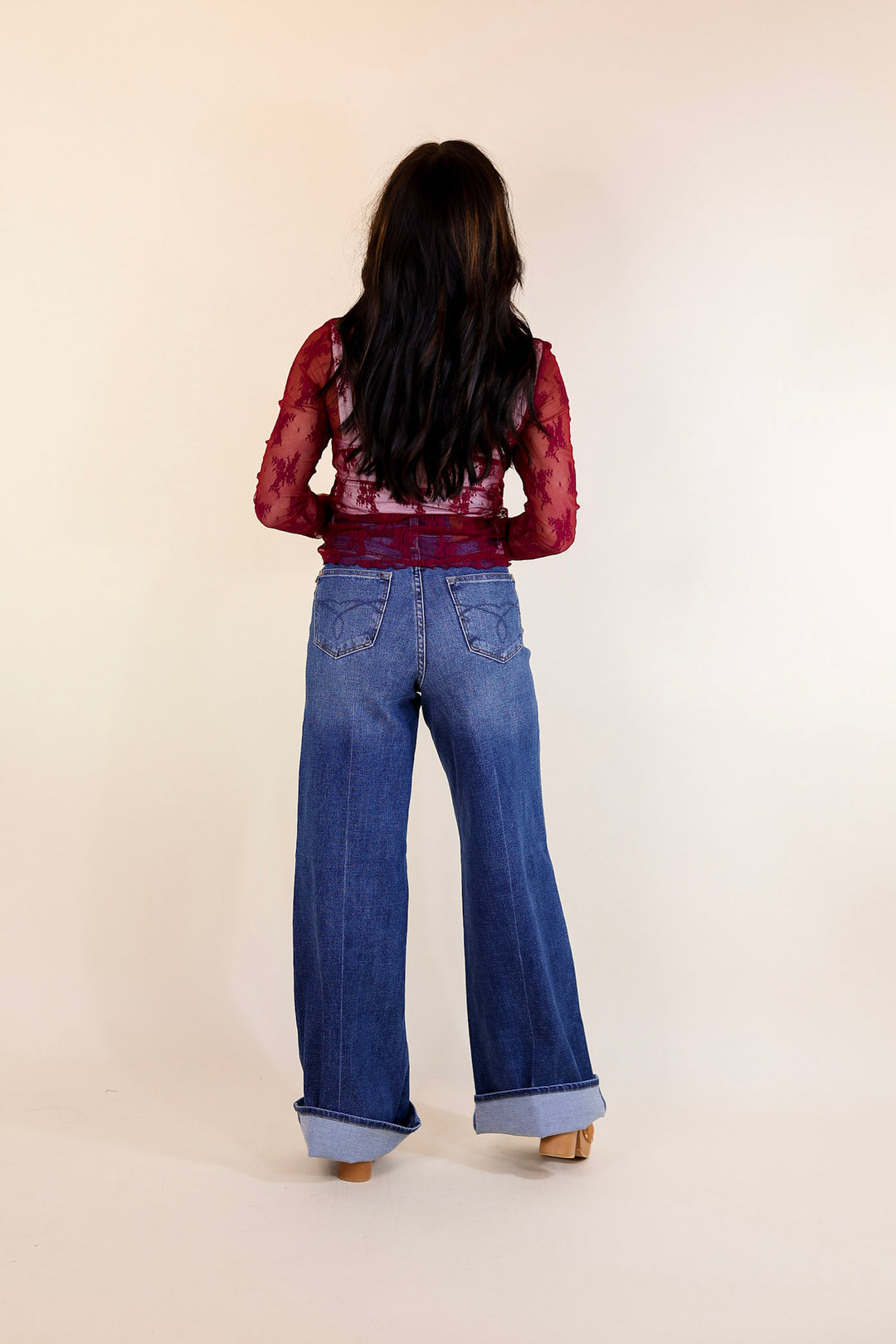 Lovely in Lace Sheer Mock Neck Long Sleeve Top in Maroon