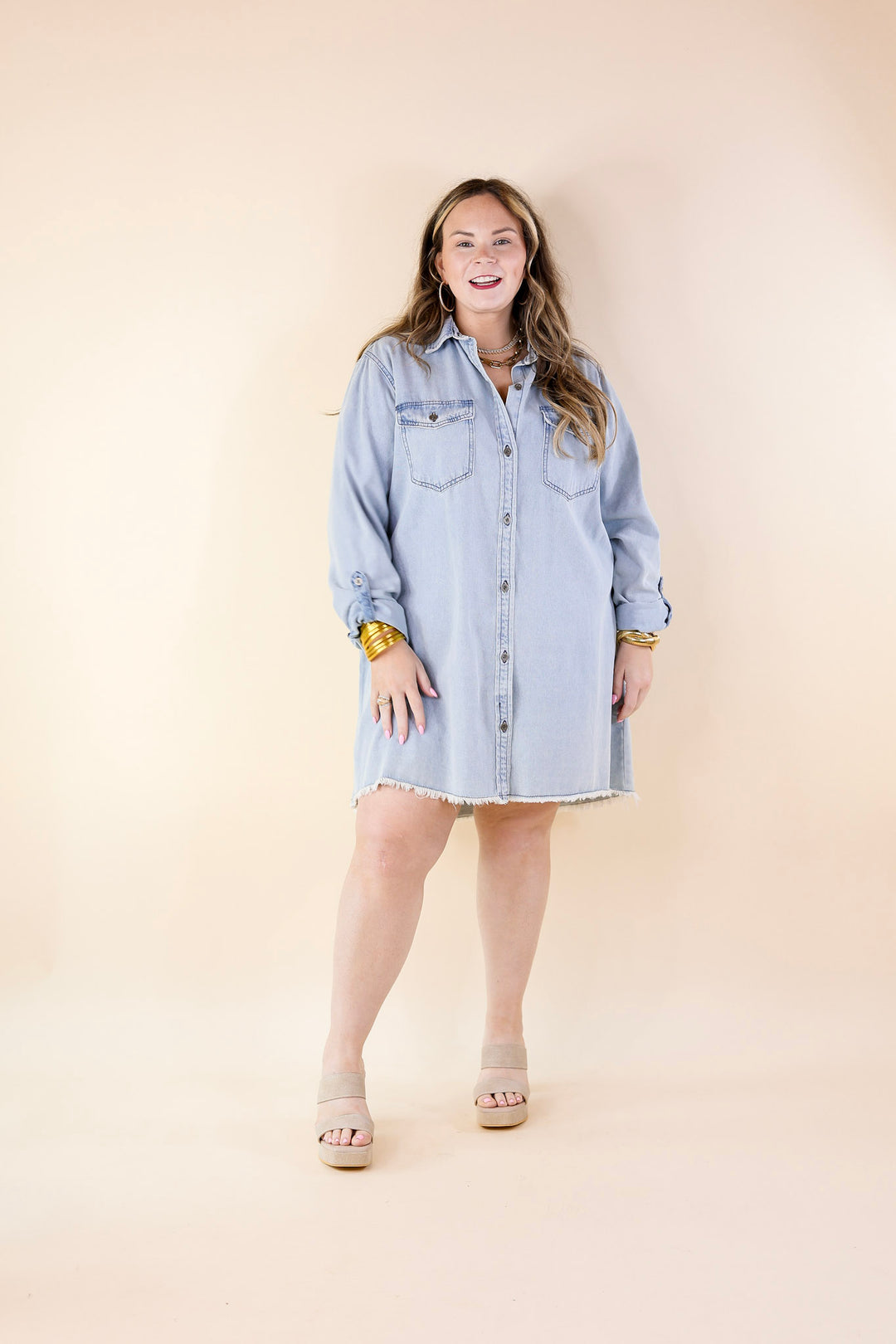 Patio Date Button Up Long Sleeve Denim Dress in Light Wash - Giddy Up Glamour Boutique