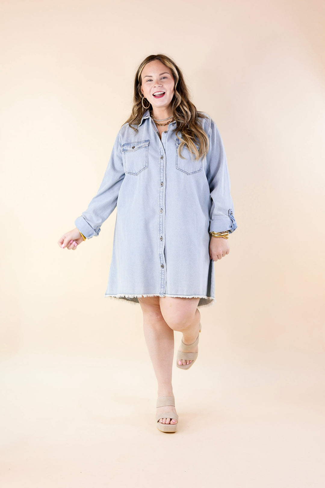 Patio Date Button Up Long Sleeve Denim Dress in Light Wash - Giddy Up Glamour Boutique