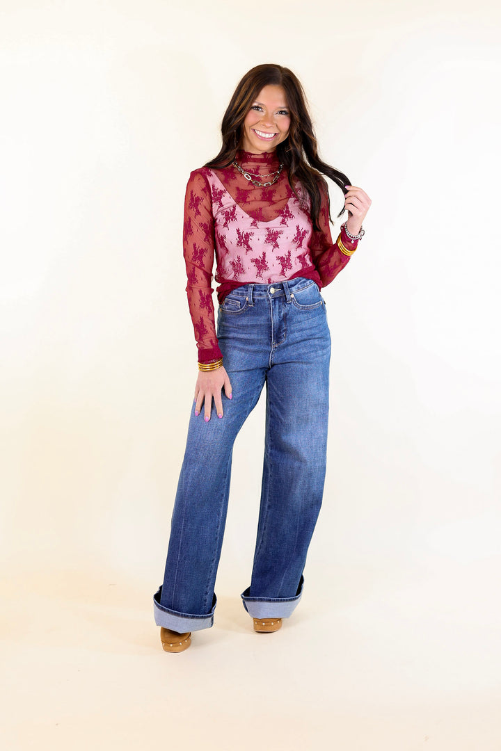 Lovely in Lace Sheer Mock Neck Long Sleeve Top in Maroon