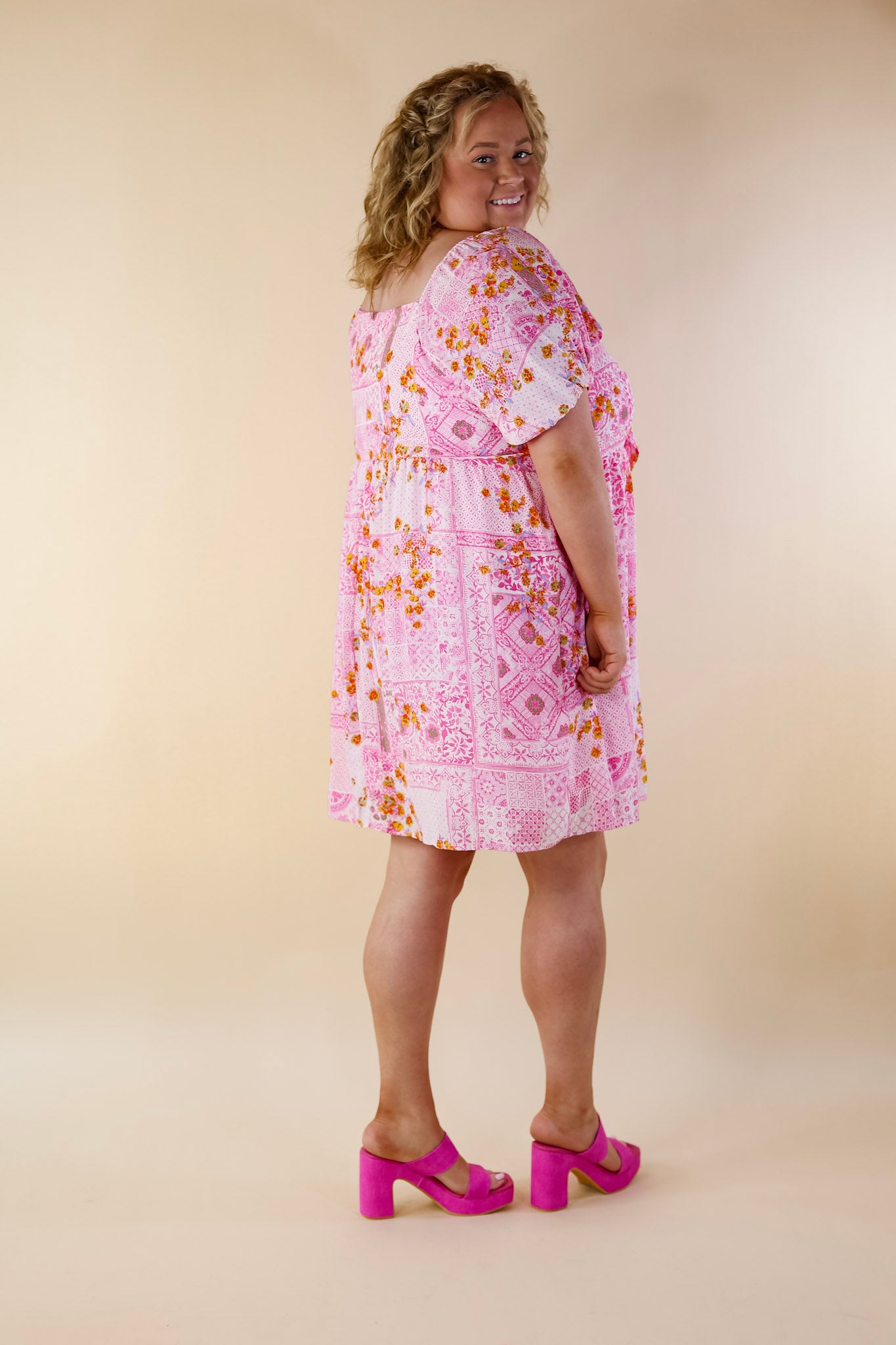 Down For Delight Floral Geometric Print Dress with Front Tie in Pink - Giddy Up Glamour Boutique