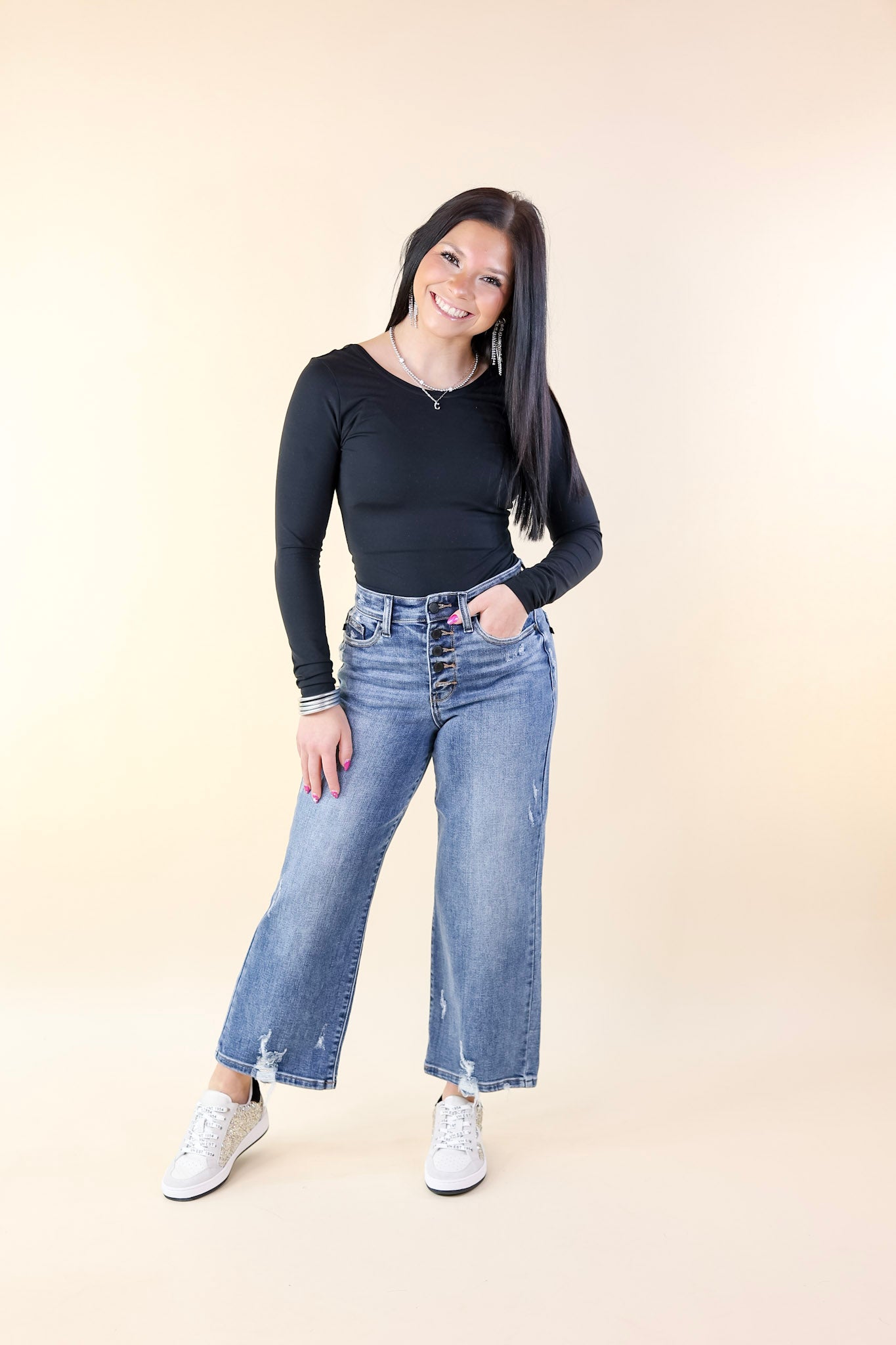 Judy Blue | Trend Setter Button Fly Cropped Wide Leg Jeans in Medium Wash - Giddy Up Glamour Boutique