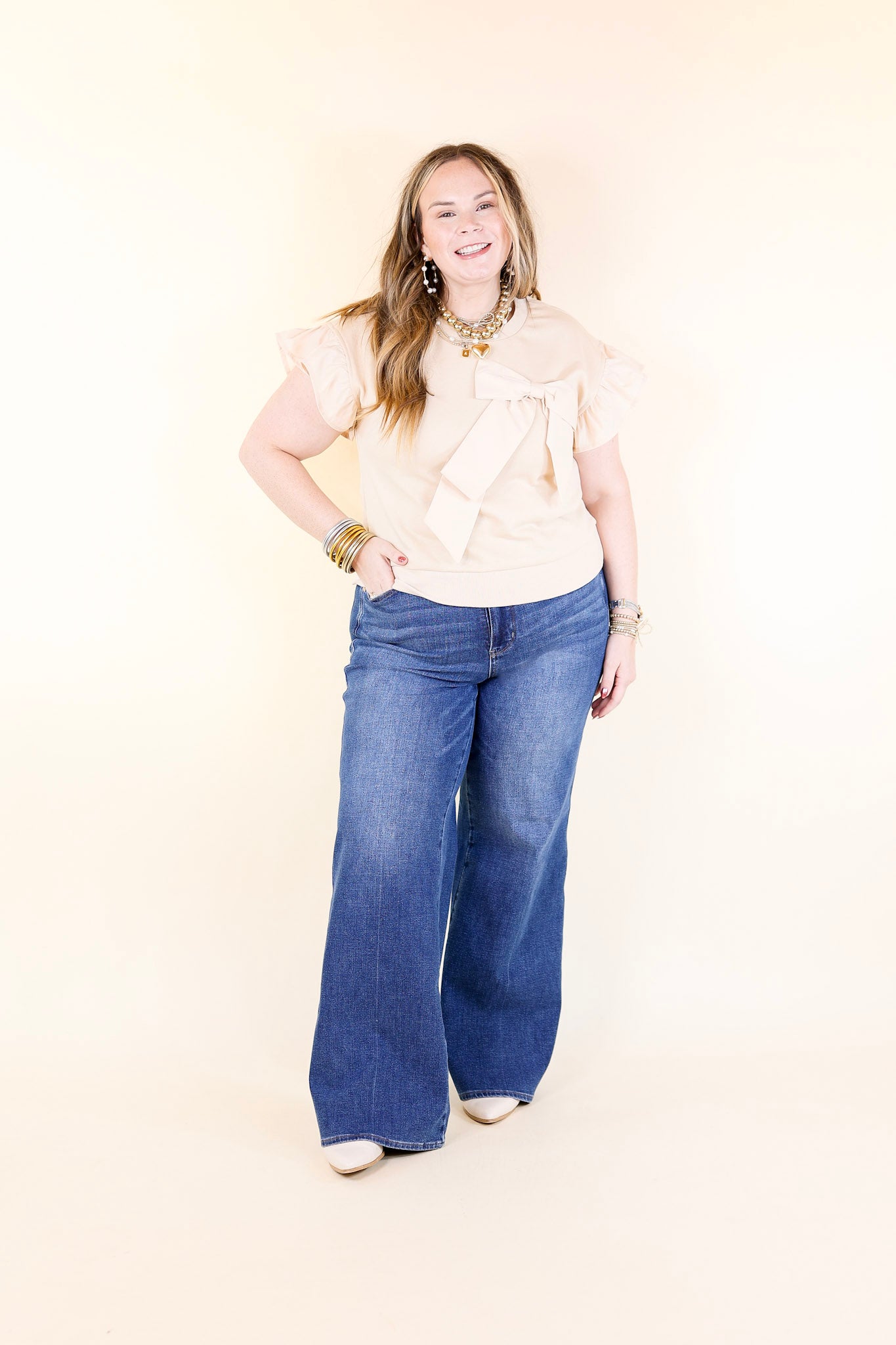 All About the Bow Crewneck Top with Ruffle Cap Sleeves in Cream