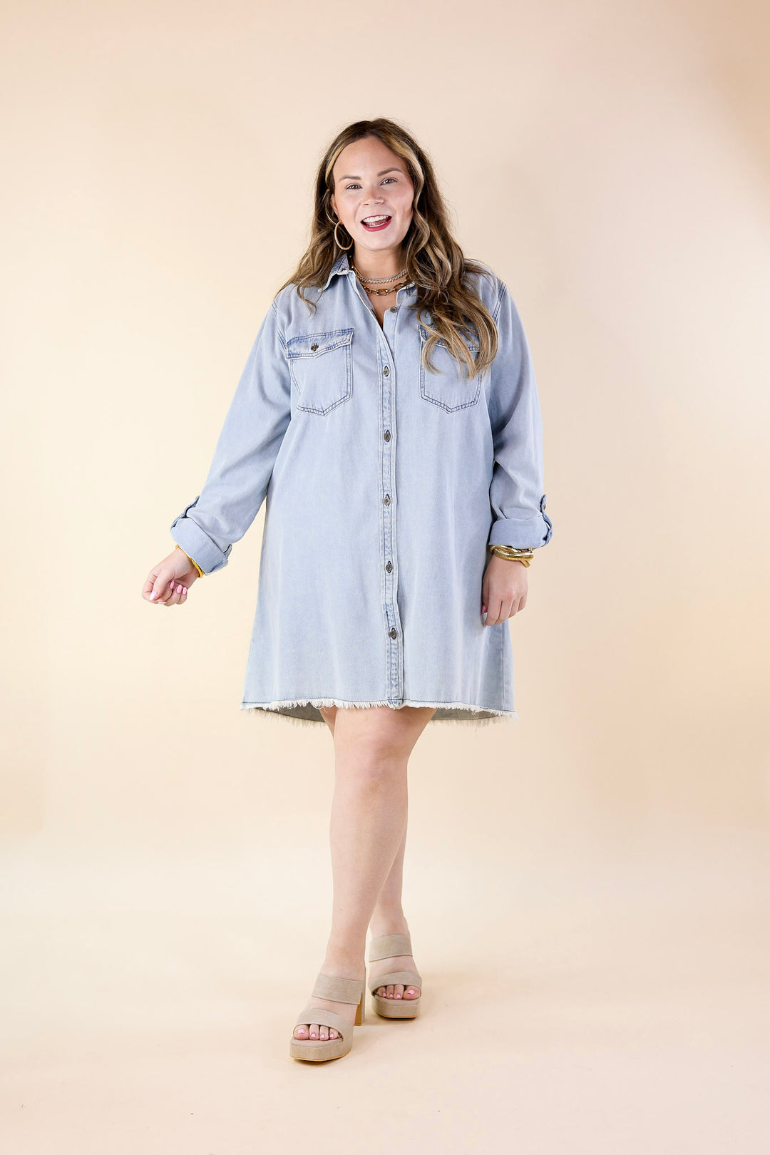 Patio Date Button Up Long Sleeve Denim Dress in Light Wash - Giddy Up Glamour Boutique