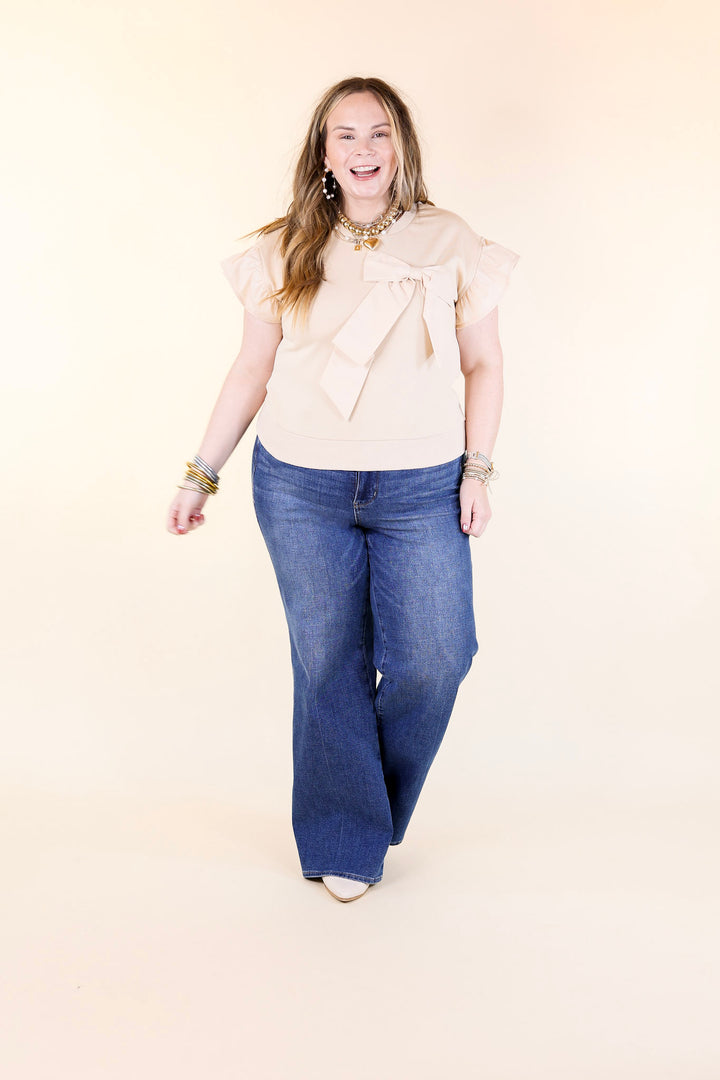 Last Chance Size XL | All About the Bow Crewneck Top with Ruffle Cap Sleeves in Cream