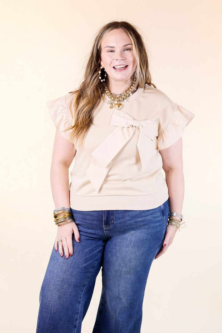 Last Chance Size XL | All About the Bow Crewneck Top with Ruffle Cap Sleeves in Cream