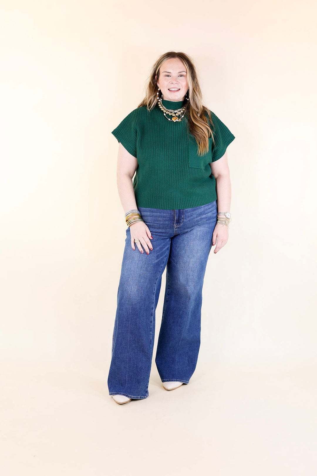 City Sights Cap Sleeve Sweater Top in Hunter Green