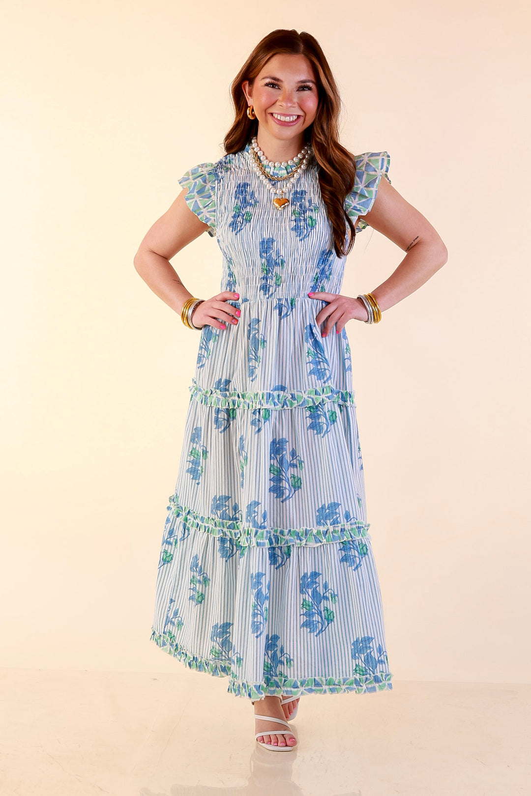 Mud Pie | Graceful Charm Smocked Floral and Stripe Print Tiered Midi Dress with Ruffle Sleeves in Blue