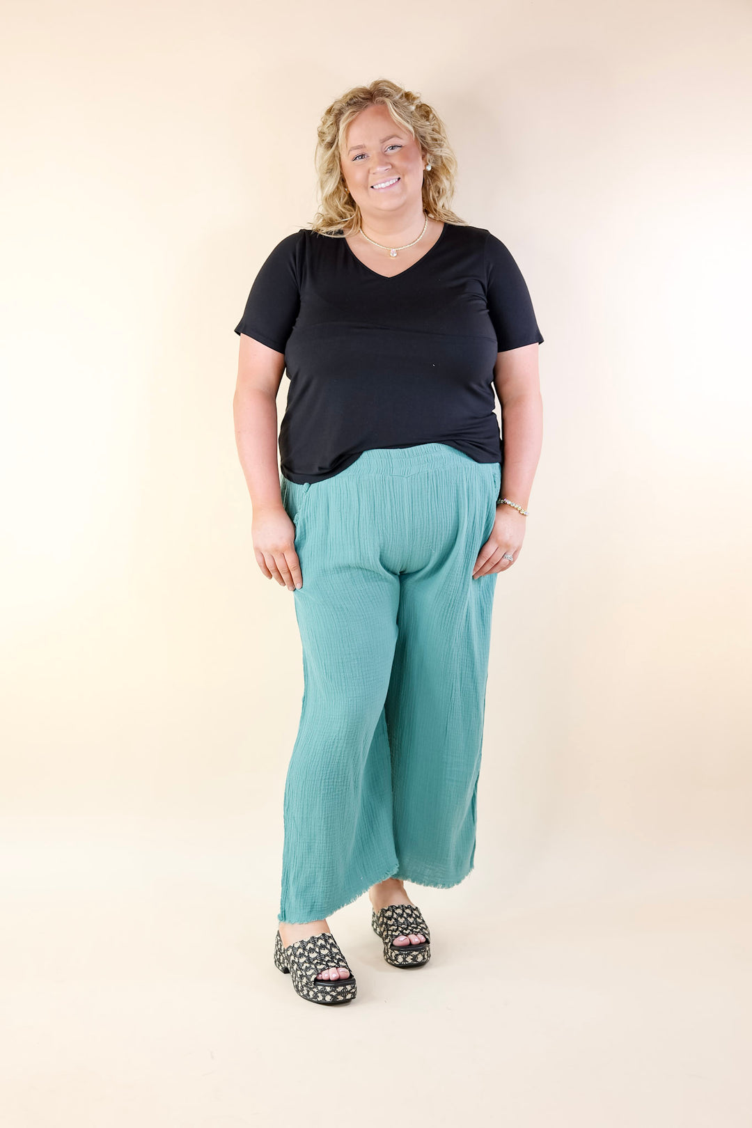 Right On Cue Elastic Waistband Cropped Pants with Frayed Hem in Dusty Green - Giddy Up Glamour Boutique