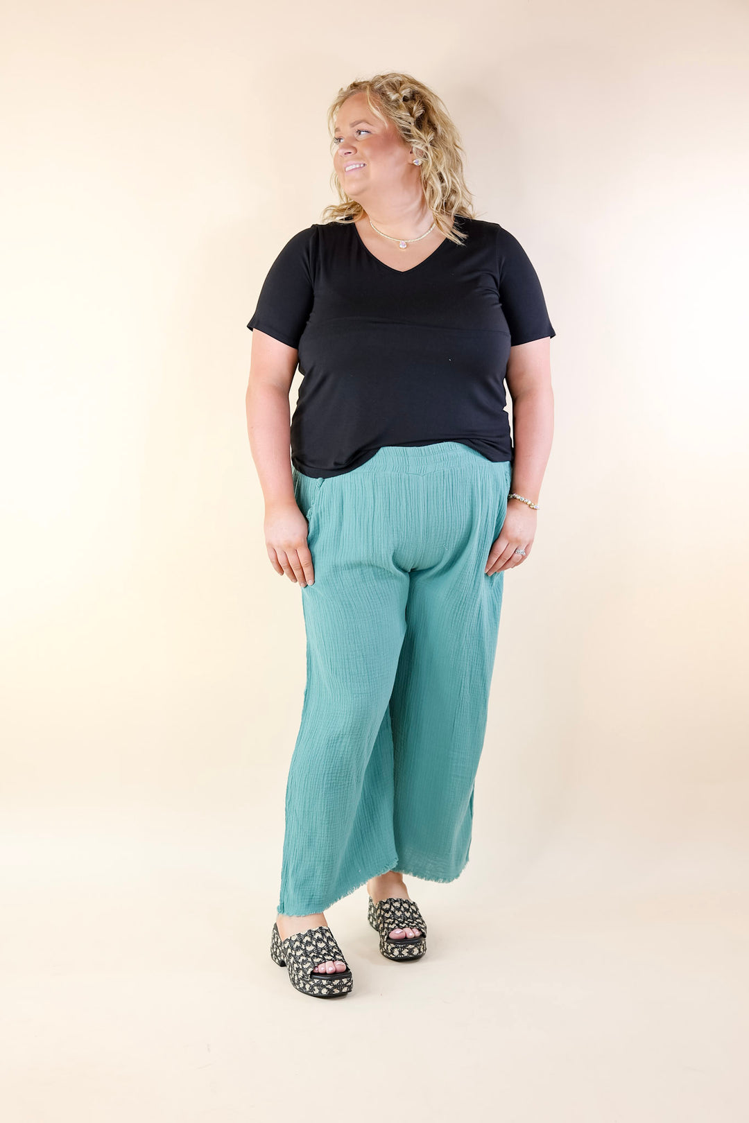 Right On Cue Elastic Waistband Cropped Pants with Frayed Hem in Dusty Green - Giddy Up Glamour Boutique