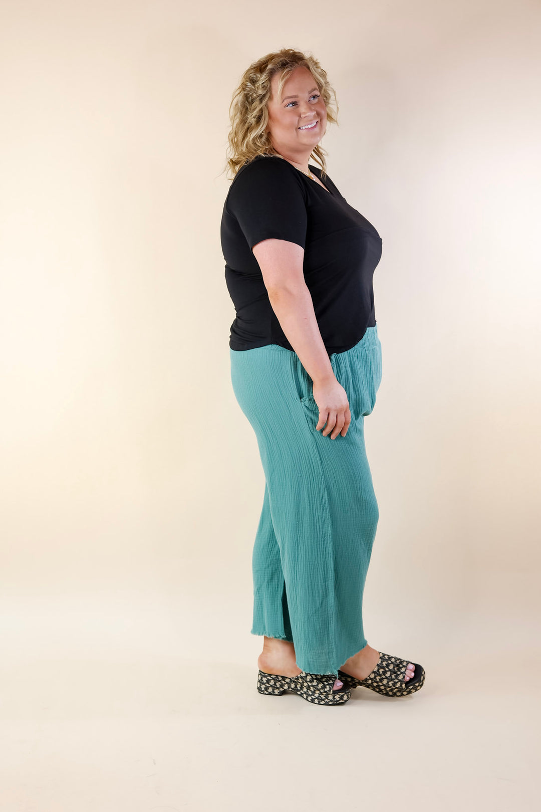 Right On Cue Elastic Waistband Cropped Pants with Frayed Hem in Dusty Green - Giddy Up Glamour Boutique