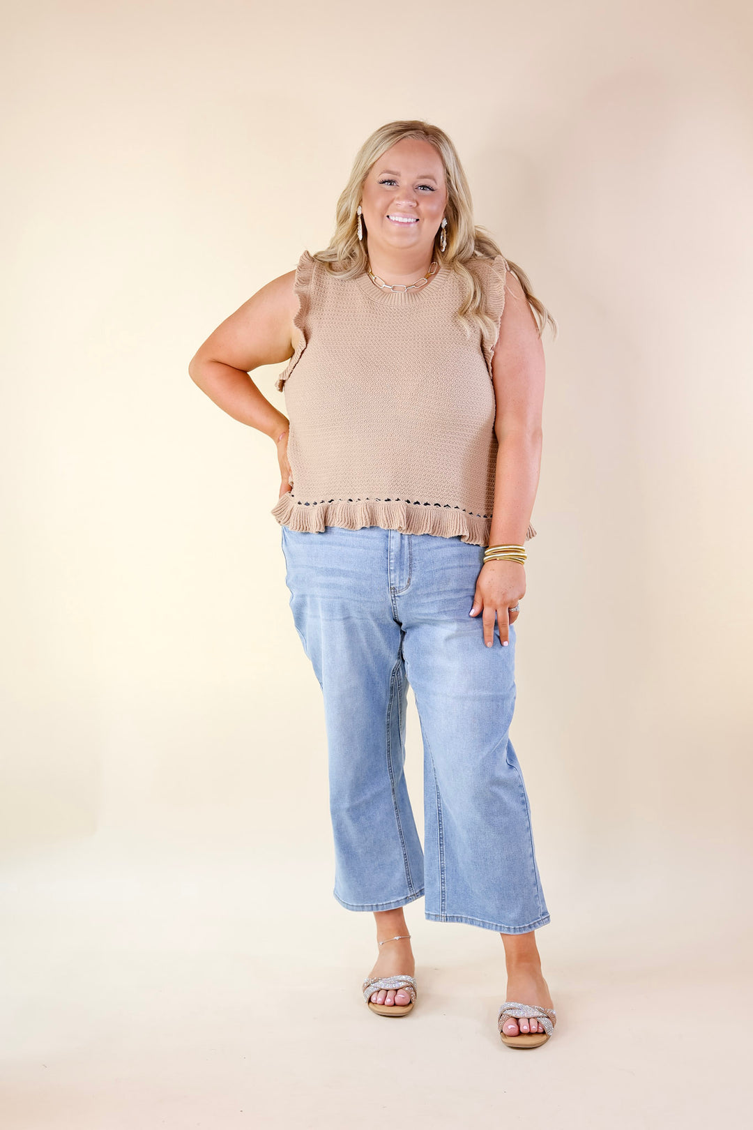 Breezy Baby Cropped Sweater with Ruffle Cap Sleeves in Mocha - Giddy Up Glamour Boutique