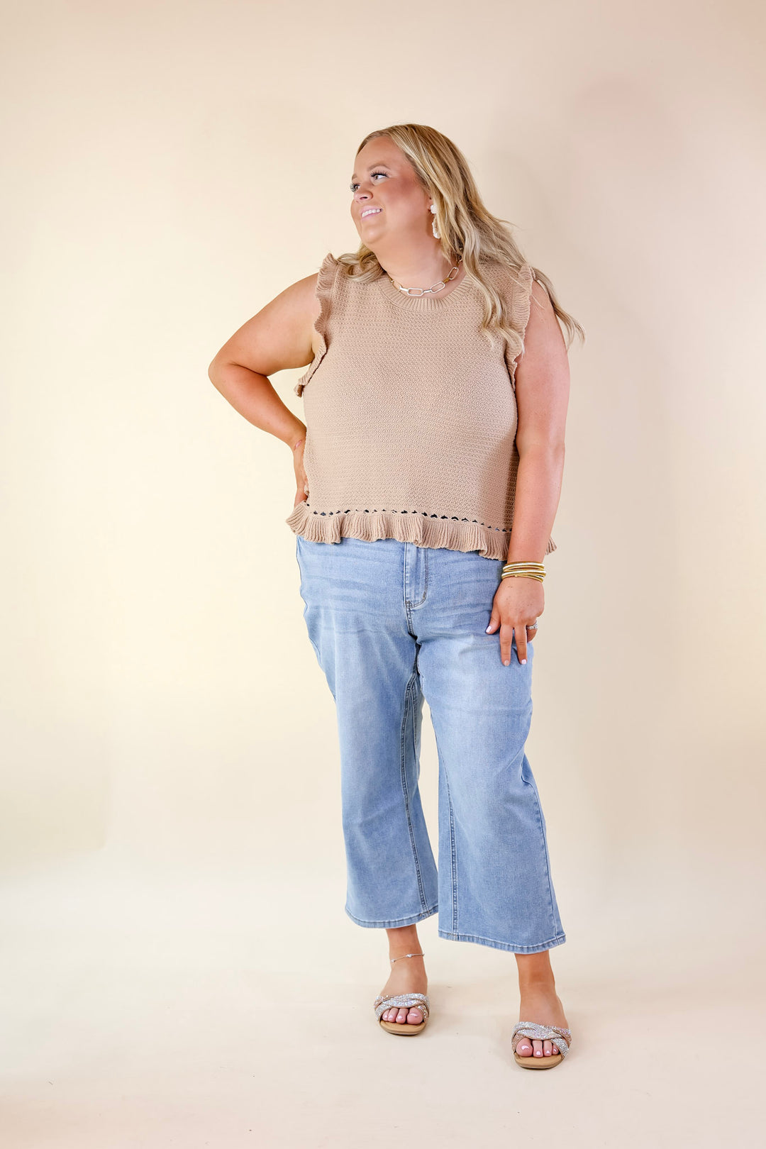 Breezy Baby Cropped Sweater with Ruffle Cap Sleeves in Mocha - Giddy Up Glamour Boutique