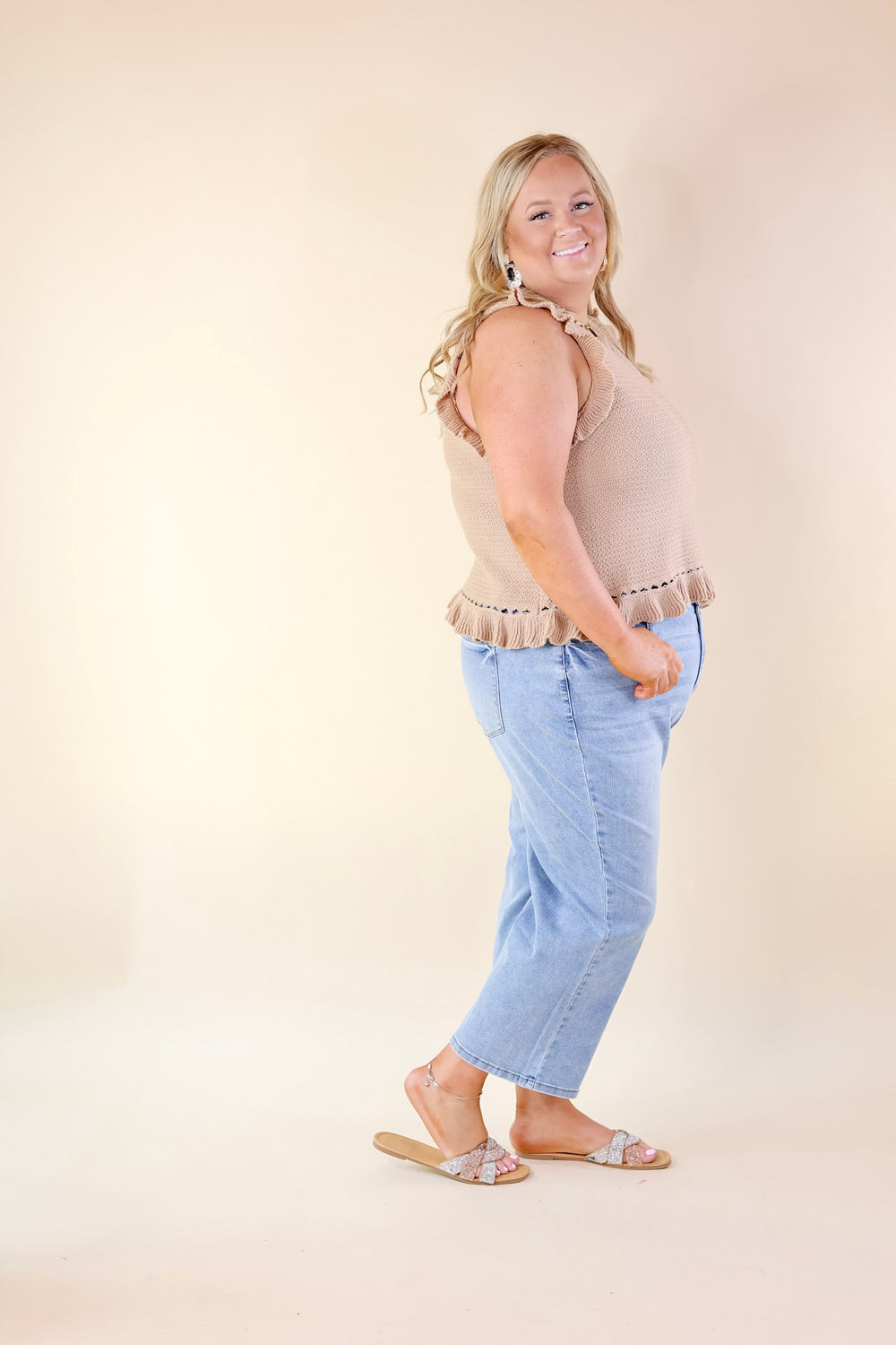 Breezy Baby Cropped Sweater with Ruffle Cap Sleeves in Mocha - Giddy Up Glamour Boutique