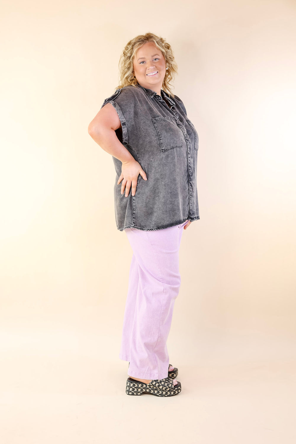 Fast Forward Denim Hidden Button Up Top with Short Sleeves in Black - Giddy Up Glamour Boutique