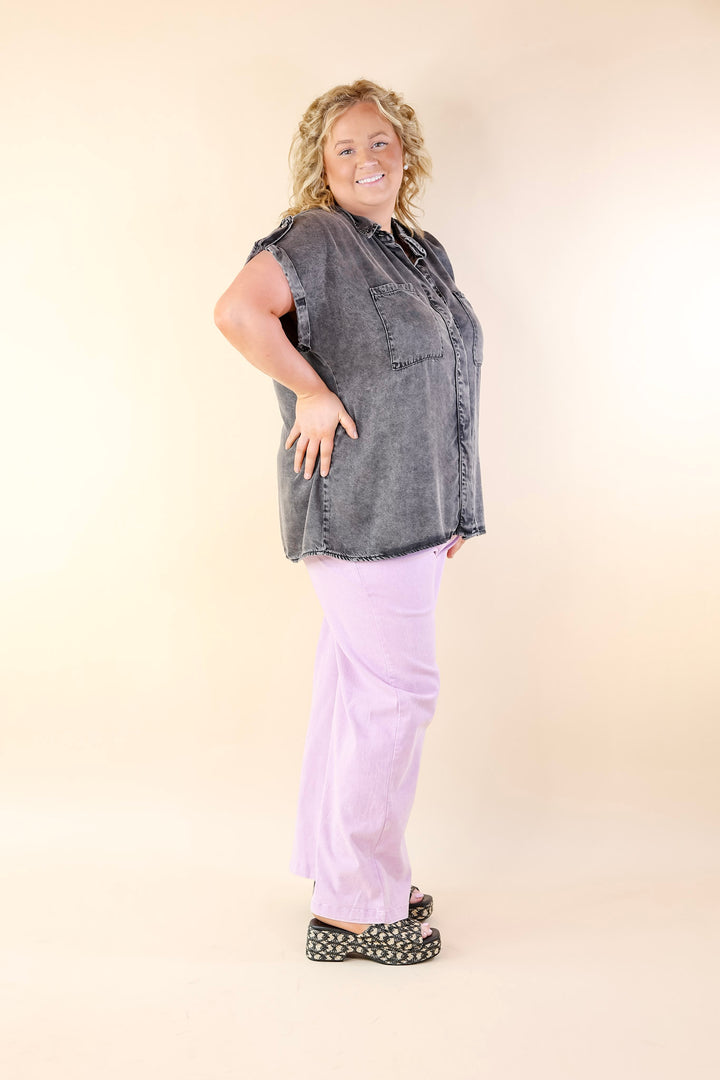 Fast Forward Denim Hidden Button Up Top with Short Sleeves in Black - Giddy Up Glamour Boutique