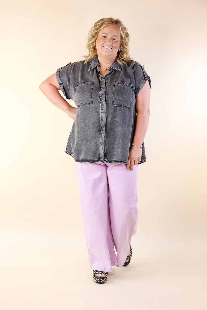 Fast Forward Denim Hidden Button Up Top with Short Sleeves in Black - Giddy Up Glamour Boutique