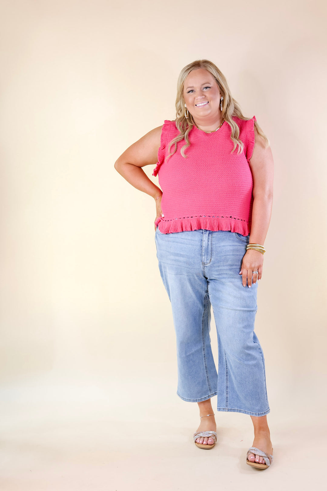 Breezy Baby Cropped Sweater with Ruffle Cap Sleeves in Hot Pink - Giddy Up Glamour Boutique