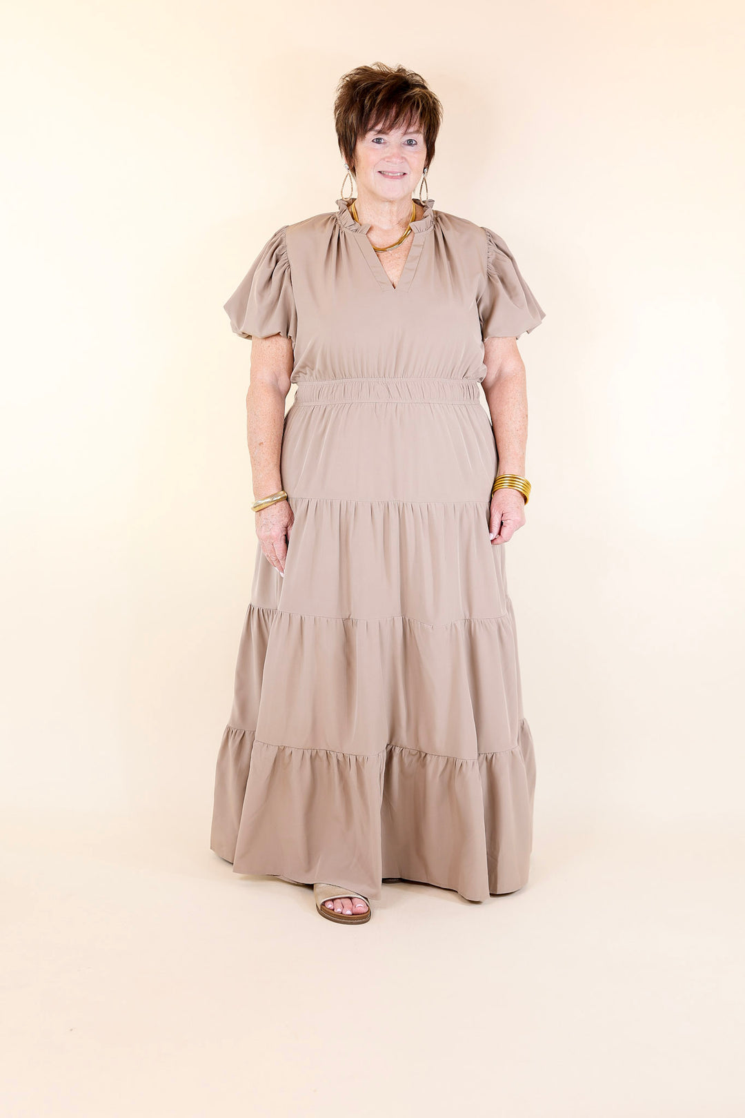 Table for Two Tiered Maxi Dress with Puff Sleeves in Light Mocha Brown
