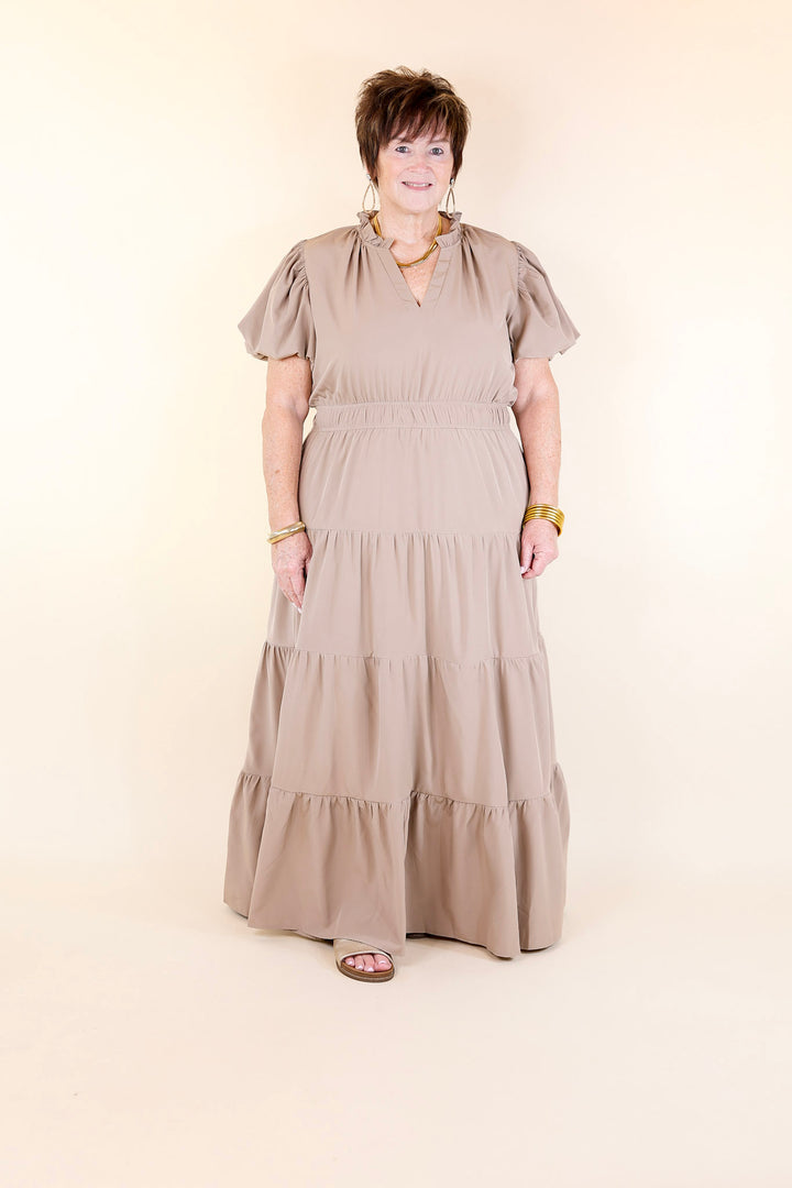 Table for Two Tiered Maxi Dress with Puff Sleeves in Light Mocha Brown
