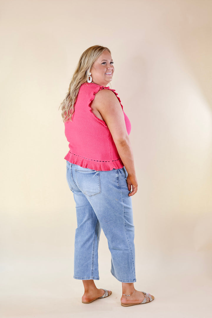 Breezy Baby Cropped Sweater with Ruffle Cap Sleeves in Hot Pink - Giddy Up Glamour Boutique