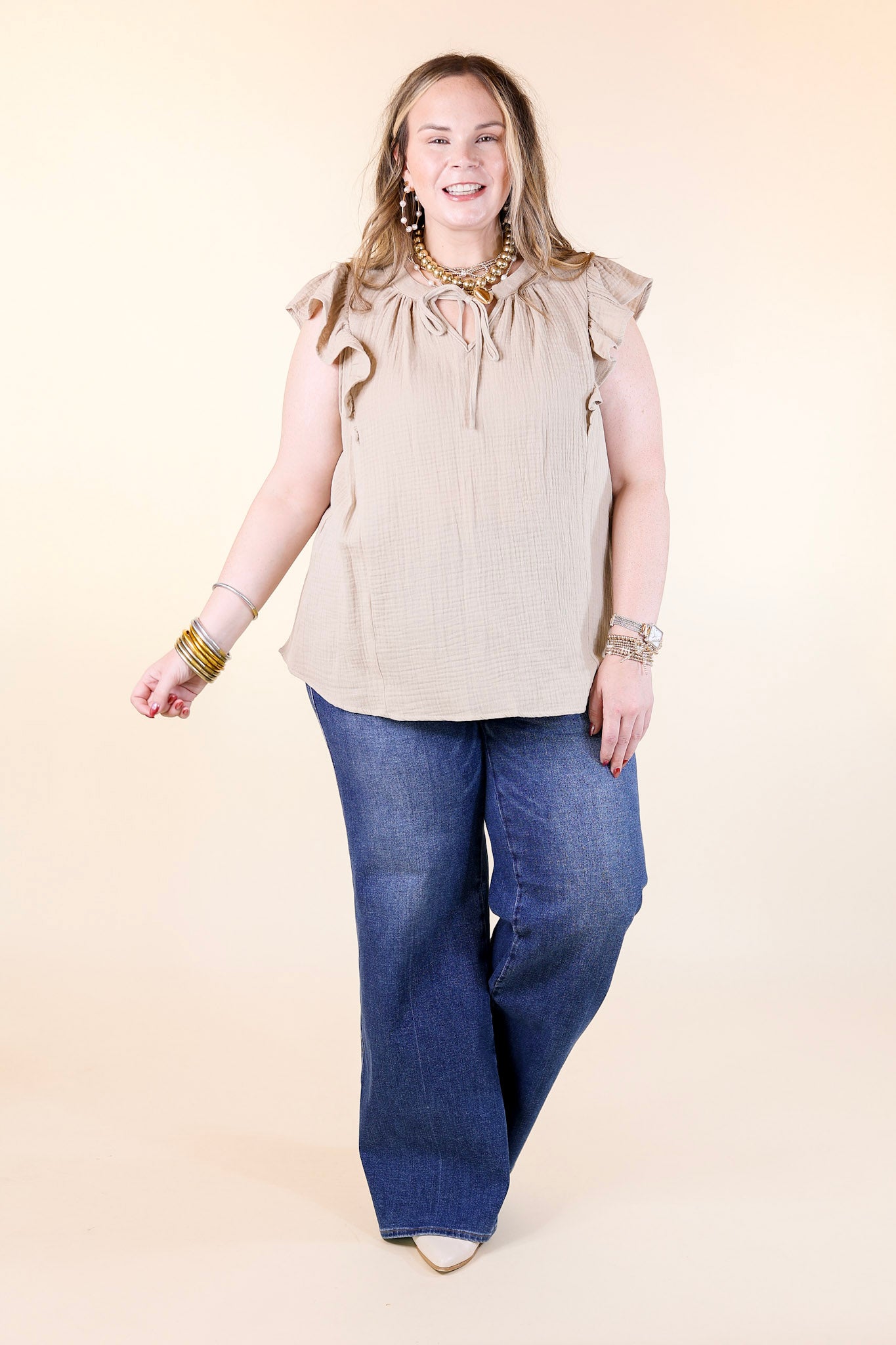 Dual Season Delight Ruffle Cap Sleeve Top with Keyhole and Tie Neckline in Taupe