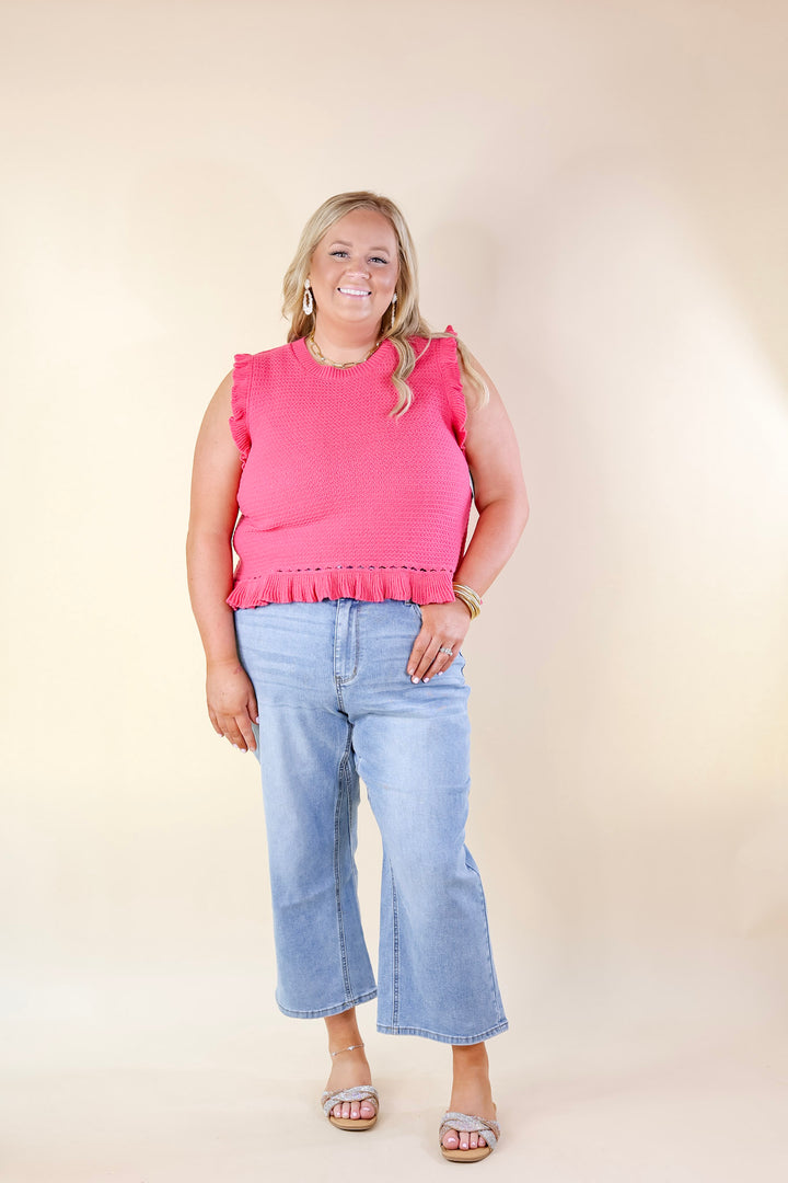 Breezy Baby Cropped Sweater with Ruffle Cap Sleeves in Hot Pink - Giddy Up Glamour Boutique