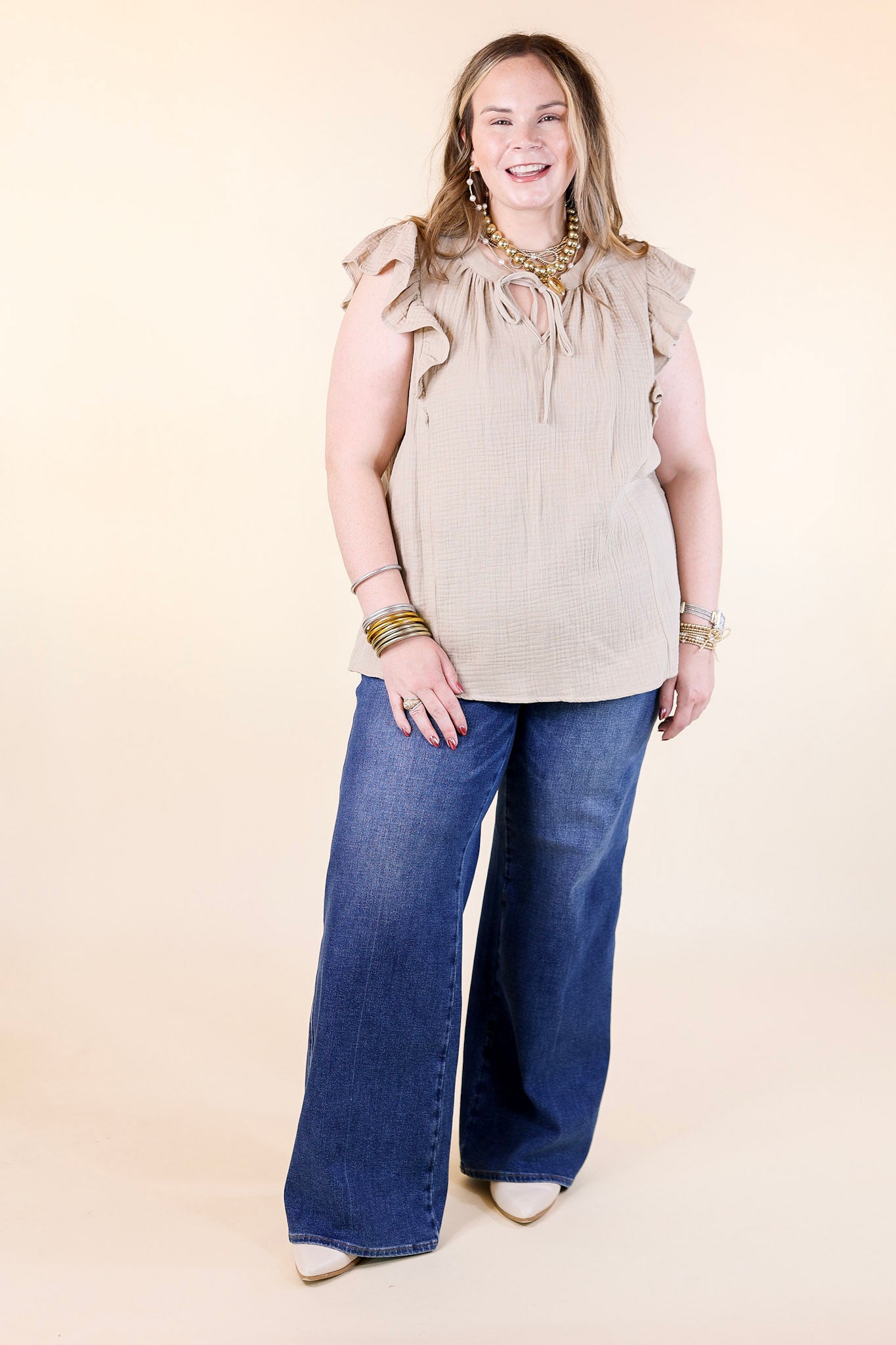 Dual Season Delight Ruffle Cap Sleeve Top with Keyhole and Tie Neckline in Taupe