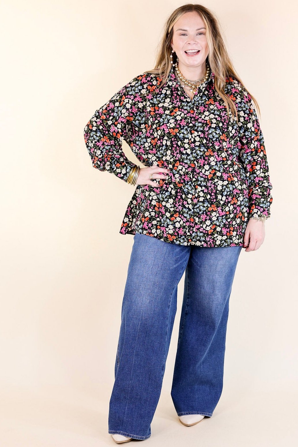 Spring Essence Floral Print Long Sleeve Button Up Top in Black