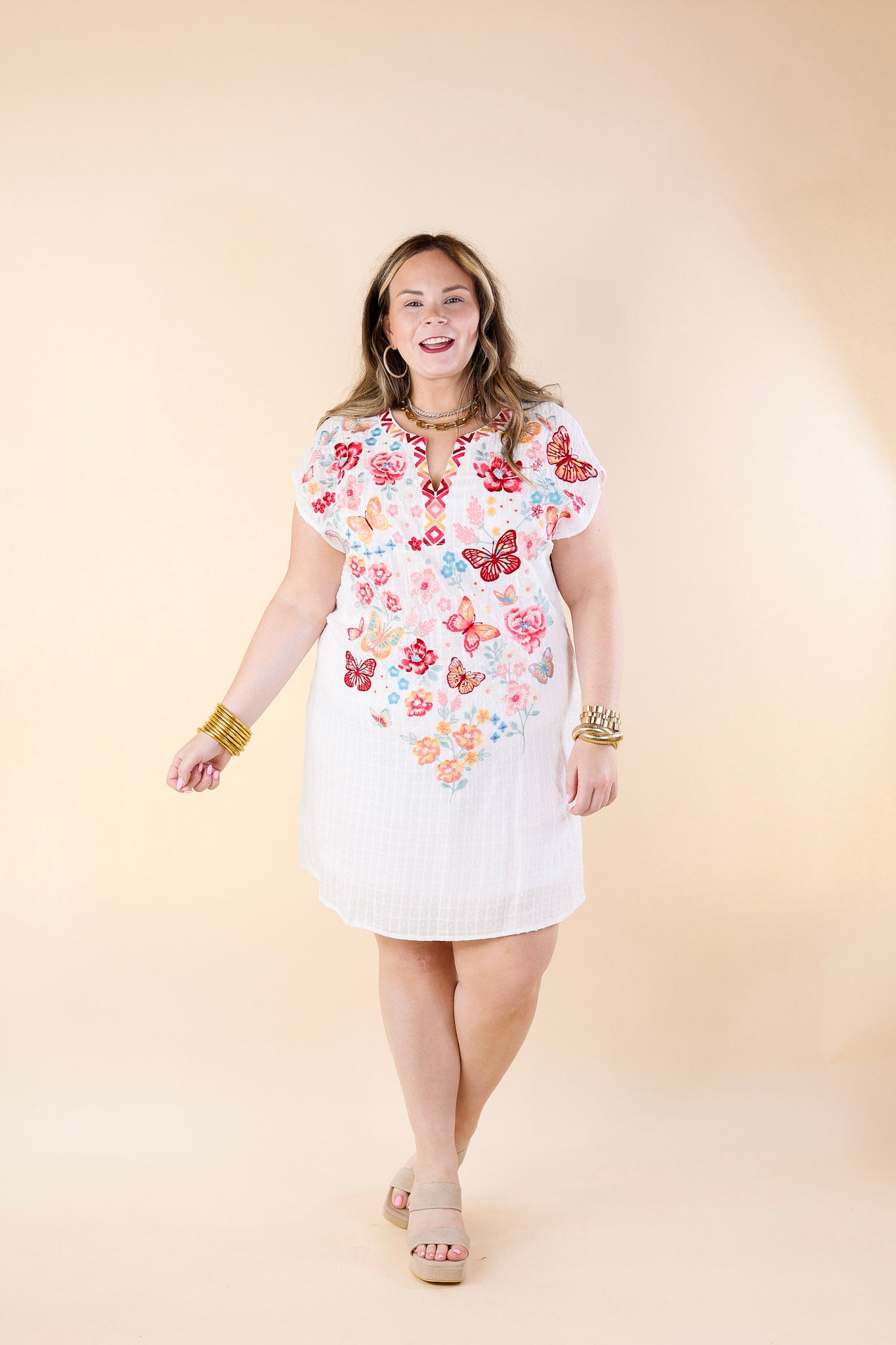 Lovely Feeling Floral Embroidered Dress with a Notched Neckline in White - Giddy Up Glamour Boutique