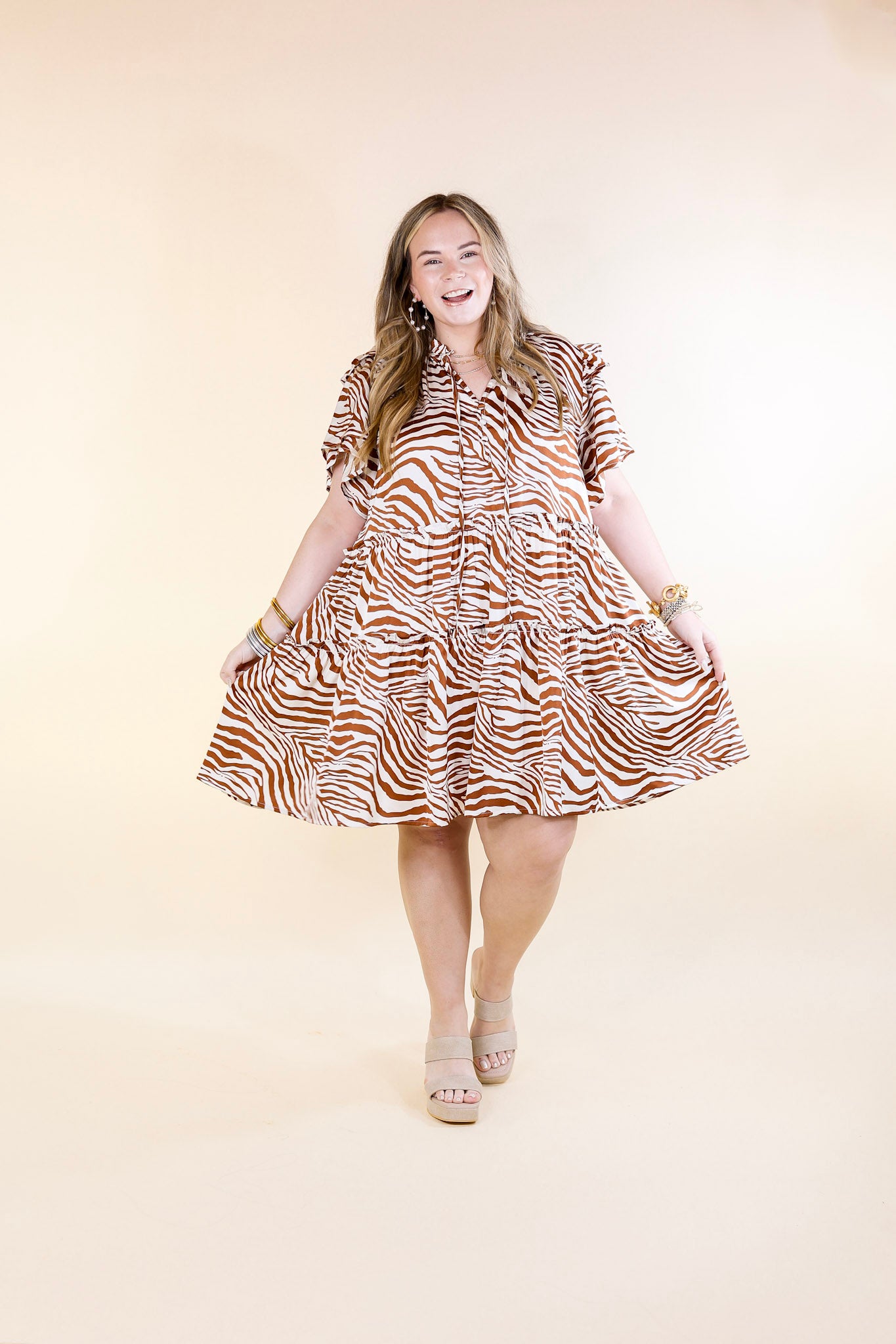 If You Dare Zebra Print Tiered Dress in Ginger Brown