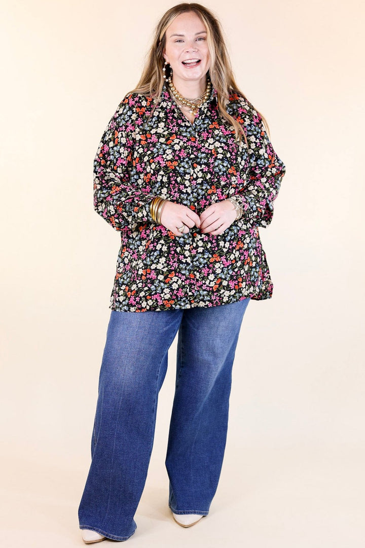 Spring Essence Floral Print Long Sleeve Button Up Top in Black