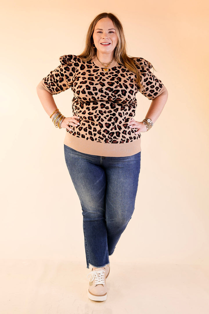 Purrfectly Chic Leopard Print Short Sleeve Sweater in Tan
