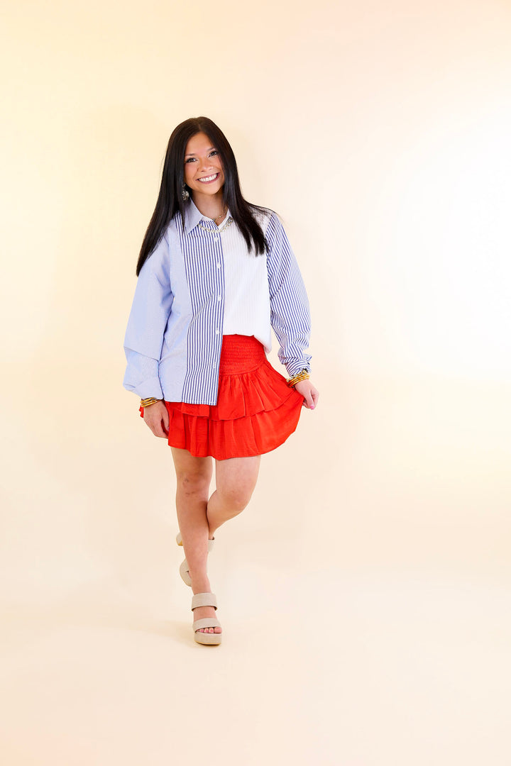 Back To You Pin Stripe Color Block Button Up Top in Blue and White