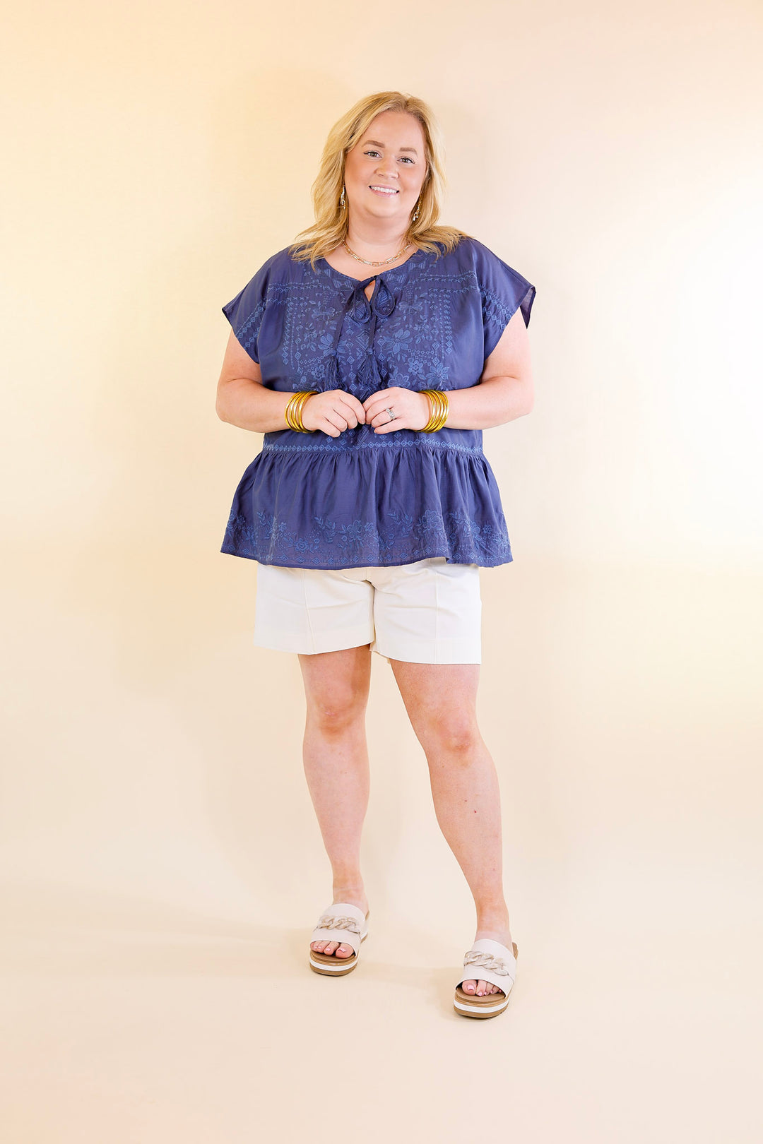 Craving Sunshine Embroidered Cap Sleeve Top with Keyhole in Navy