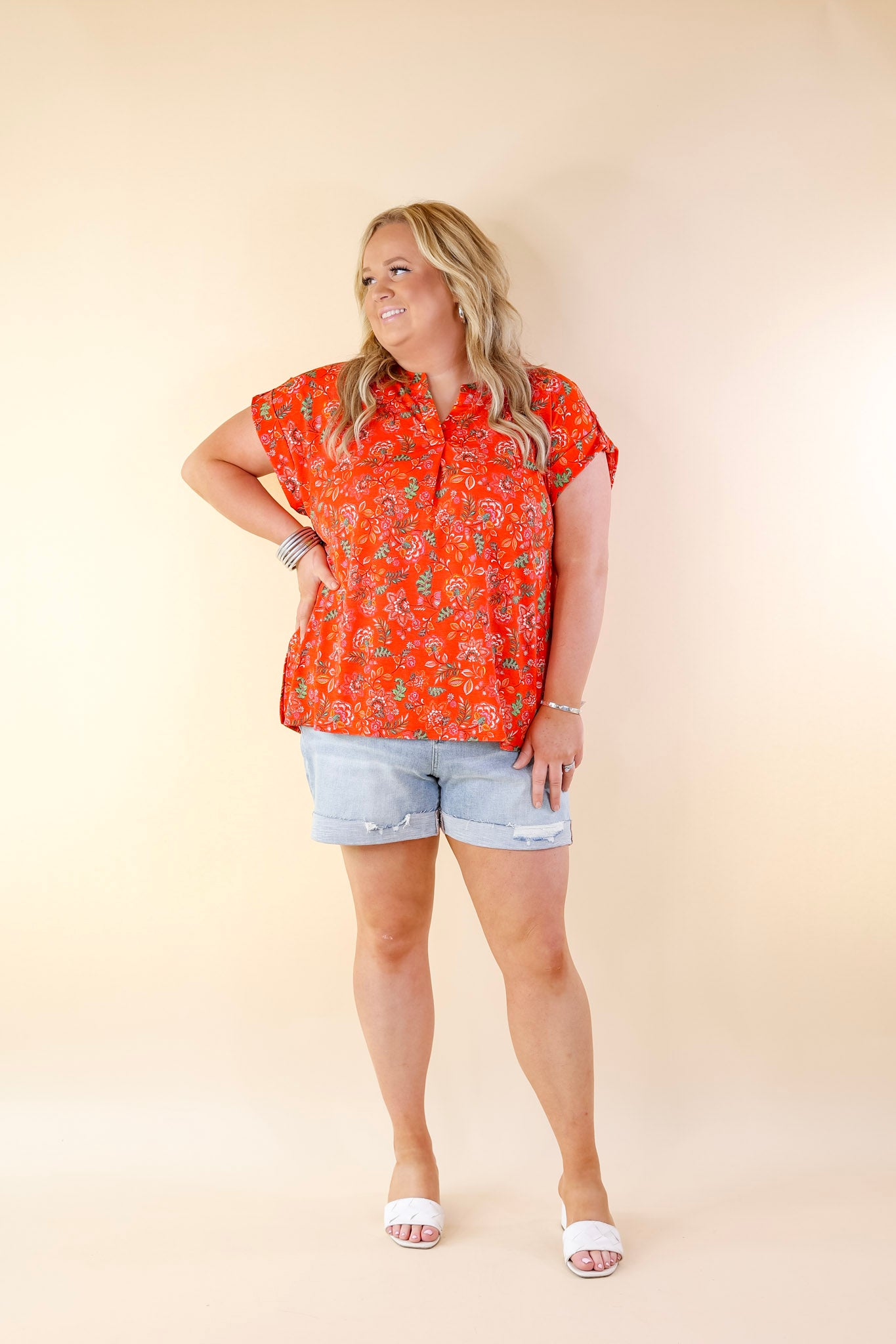 Downtown Darling Floral Print Short Sleeve Tunic Top in Red Mix - Giddy Up Glamour Boutique