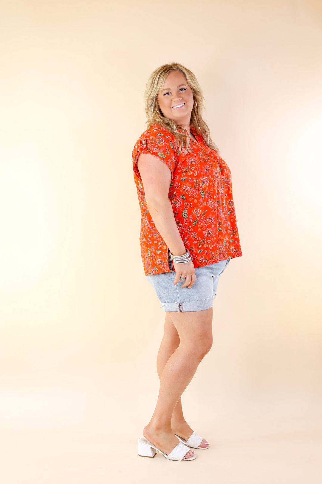 Downtown Darling Floral Print Short Sleeve Tunic Top in Red Mix - Giddy Up Glamour Boutique