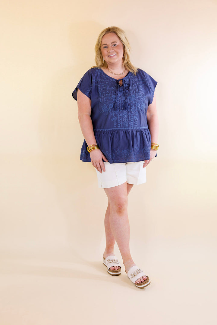 Craving Sunshine Embroidered Cap Sleeve Top with Keyhole in Navy