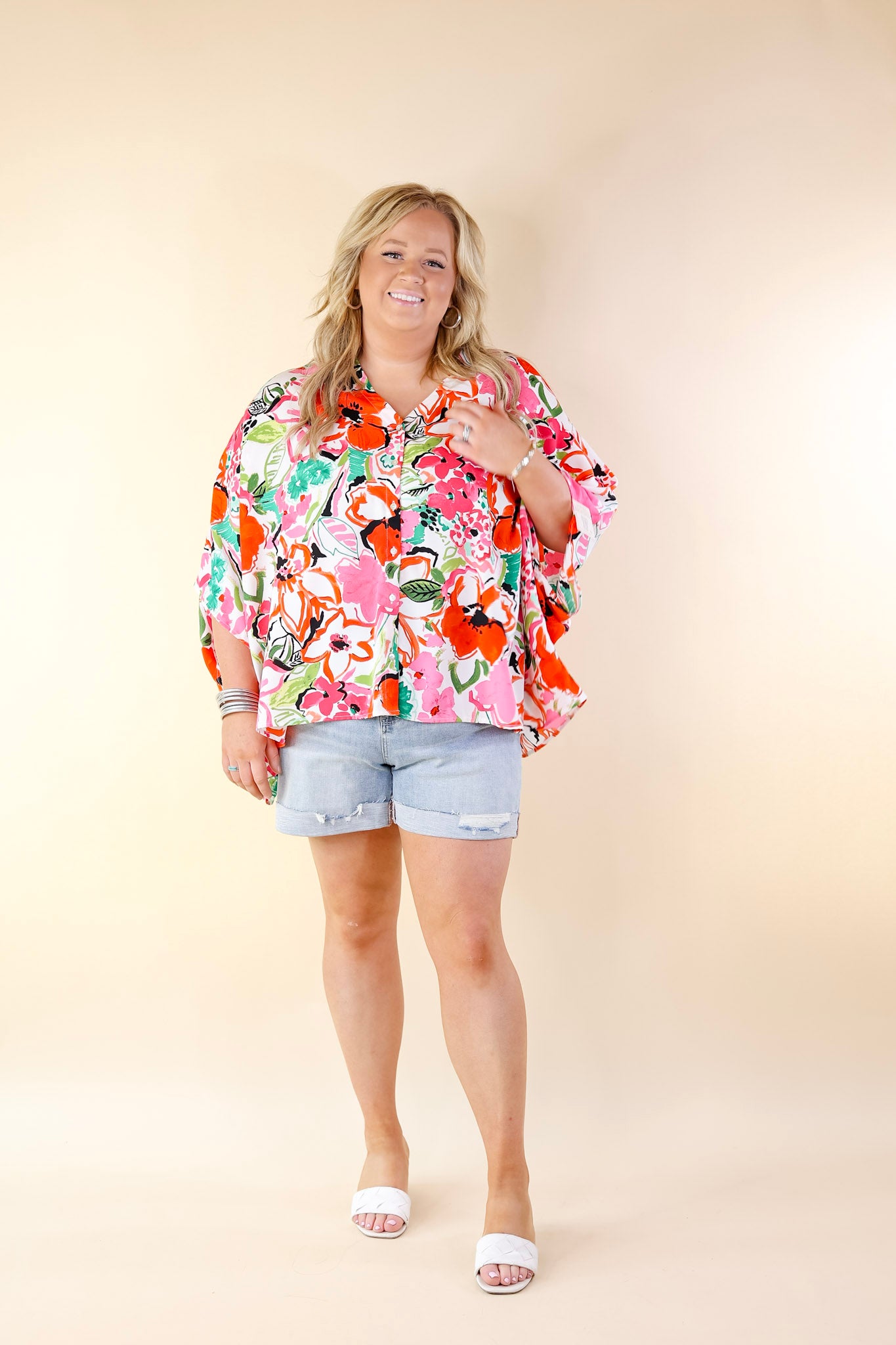 Sailing Away Floral Button Up Poncho Top in Red Mix - Giddy Up Glamour Boutique