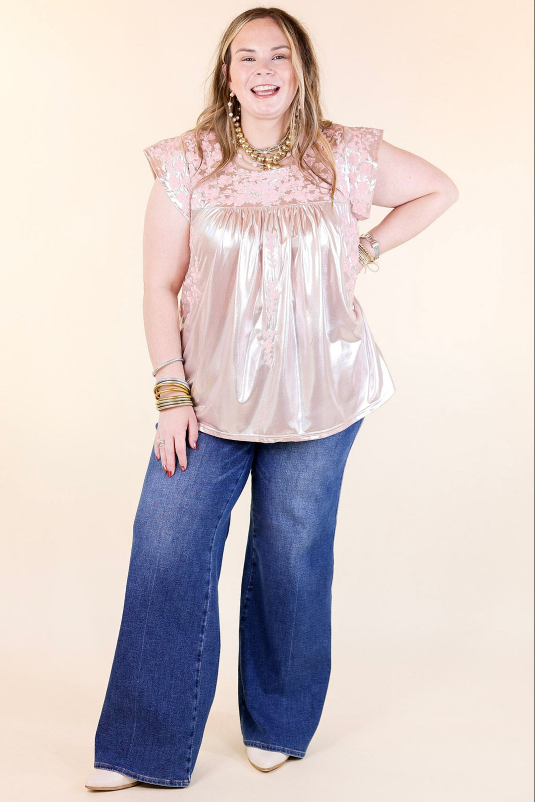The Thrill Of It Floral Embroidered Metallic Top in Blush Pink