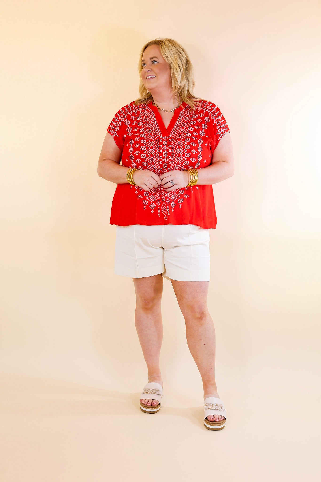 Fredericksburg Feeling Embroidered Short Sleeve Notched Neck Top in Red