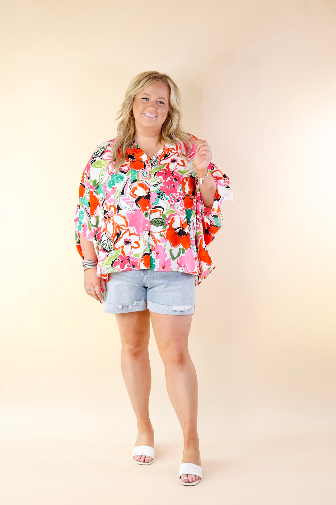 Sailing Away Floral Button Up Poncho Top in Red Mix - Giddy Up Glamour Boutique