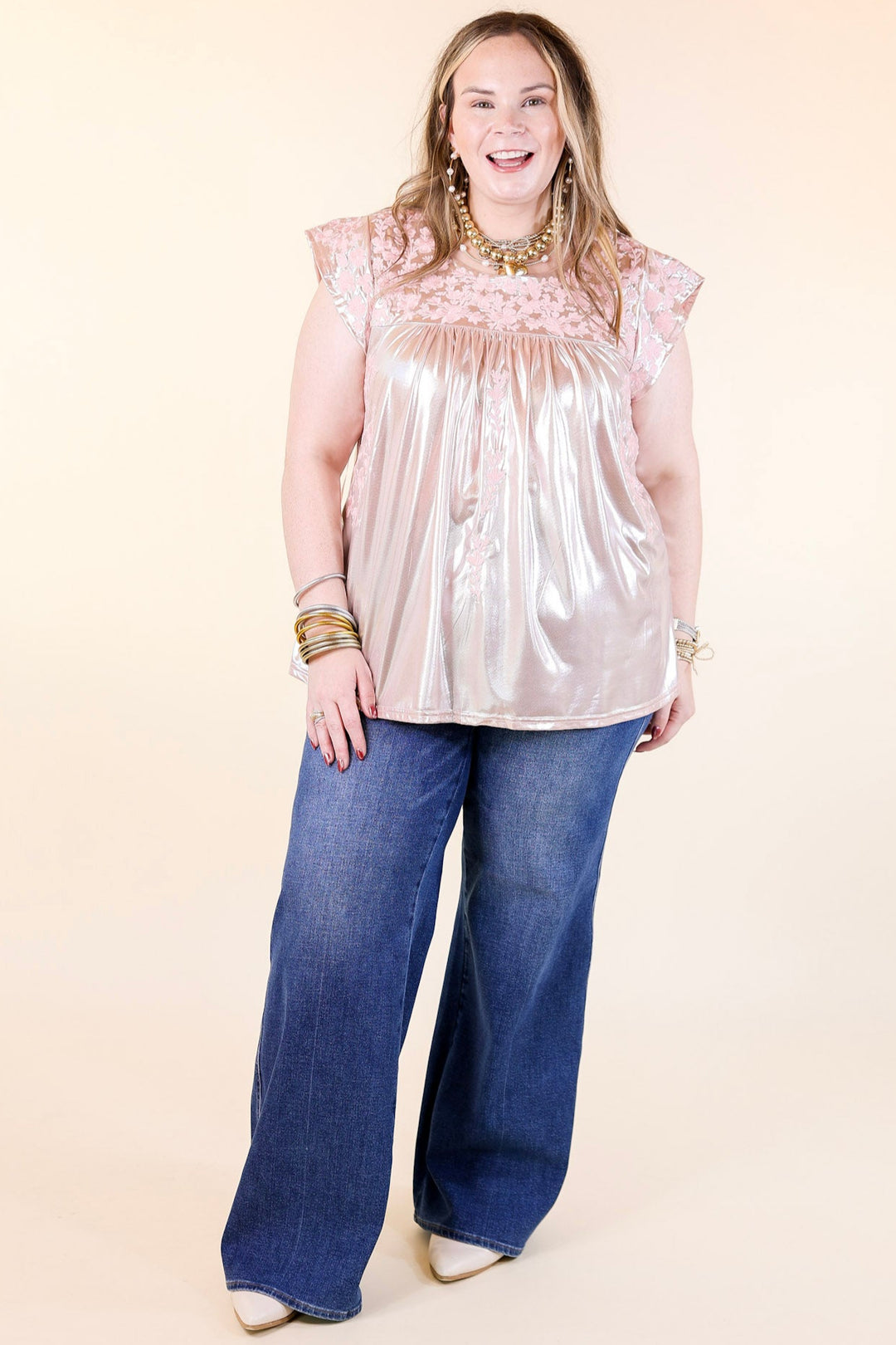 The Thrill Of It Floral Embroidered Metallic Top in Blush Pink