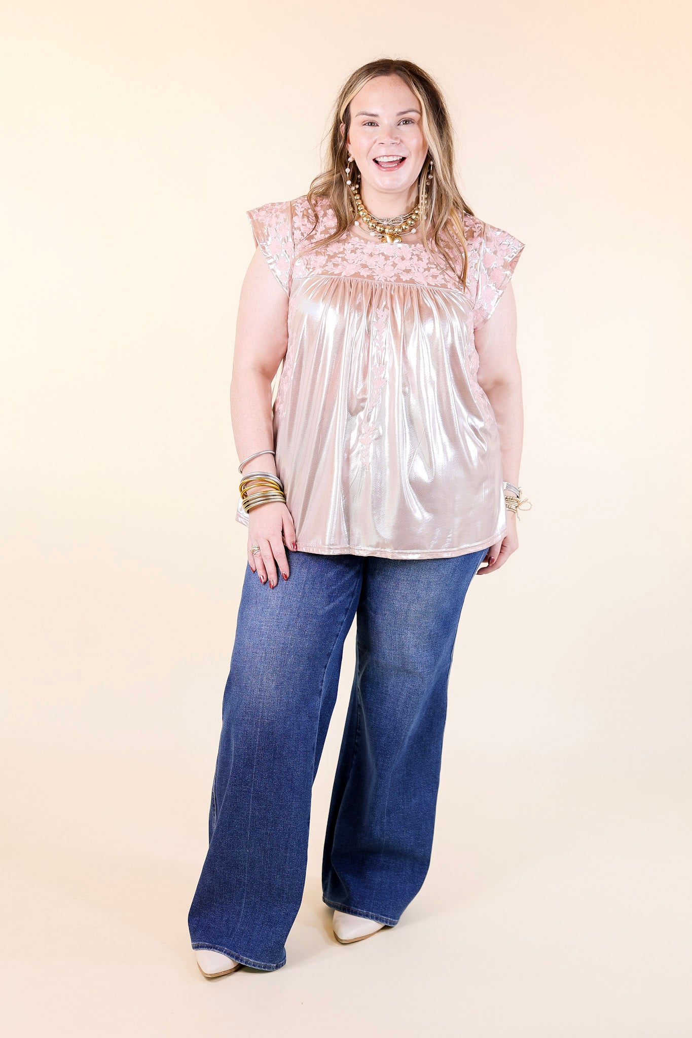 The Thrill Of It Floral Embroidered Metallic Top in Blush Pink