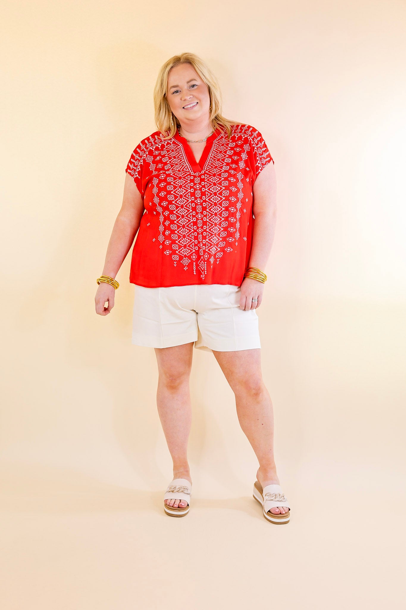 Fredericksburg Feeling Embroidered Short Sleeve Notched Neck Top in Red