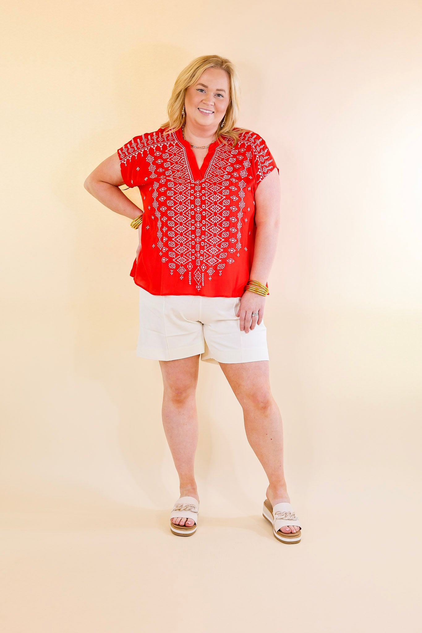 Fredericksburg Feeling Embroidered Short Sleeve Notched Neck Top in Red