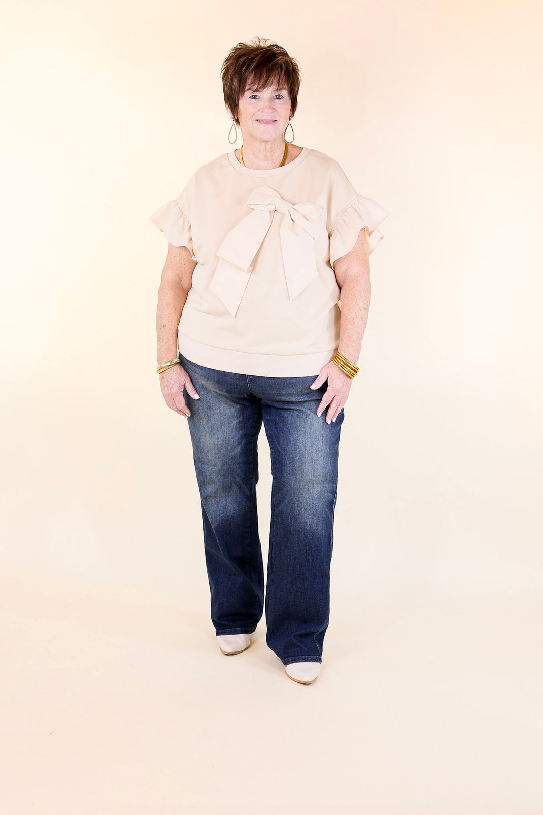 Last Chance Size XL | All About the Bow Crewneck Top with Ruffle Cap Sleeves in Cream