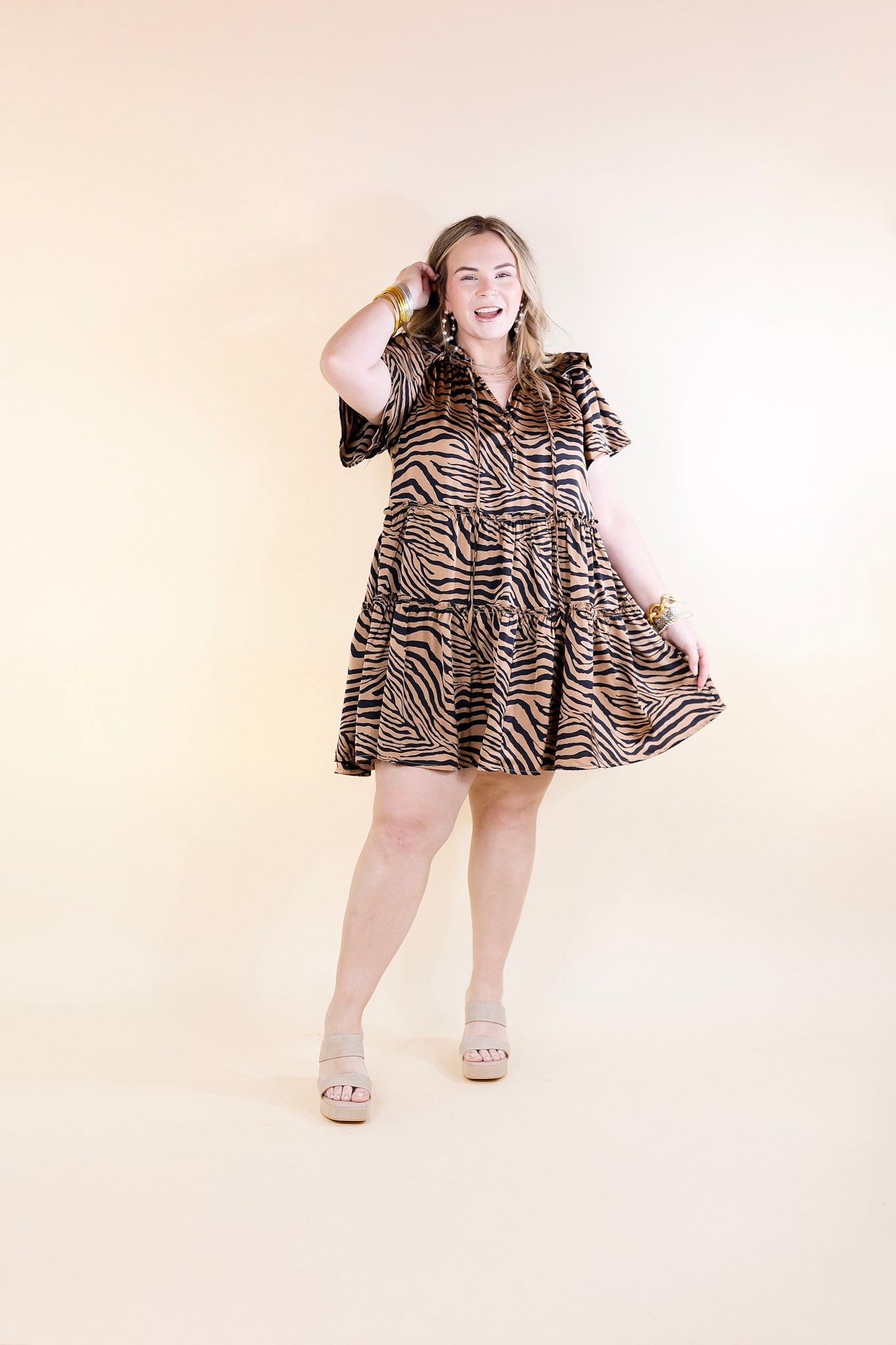 If You Dare Zebra Print Tiered Dress in Mocha Brown