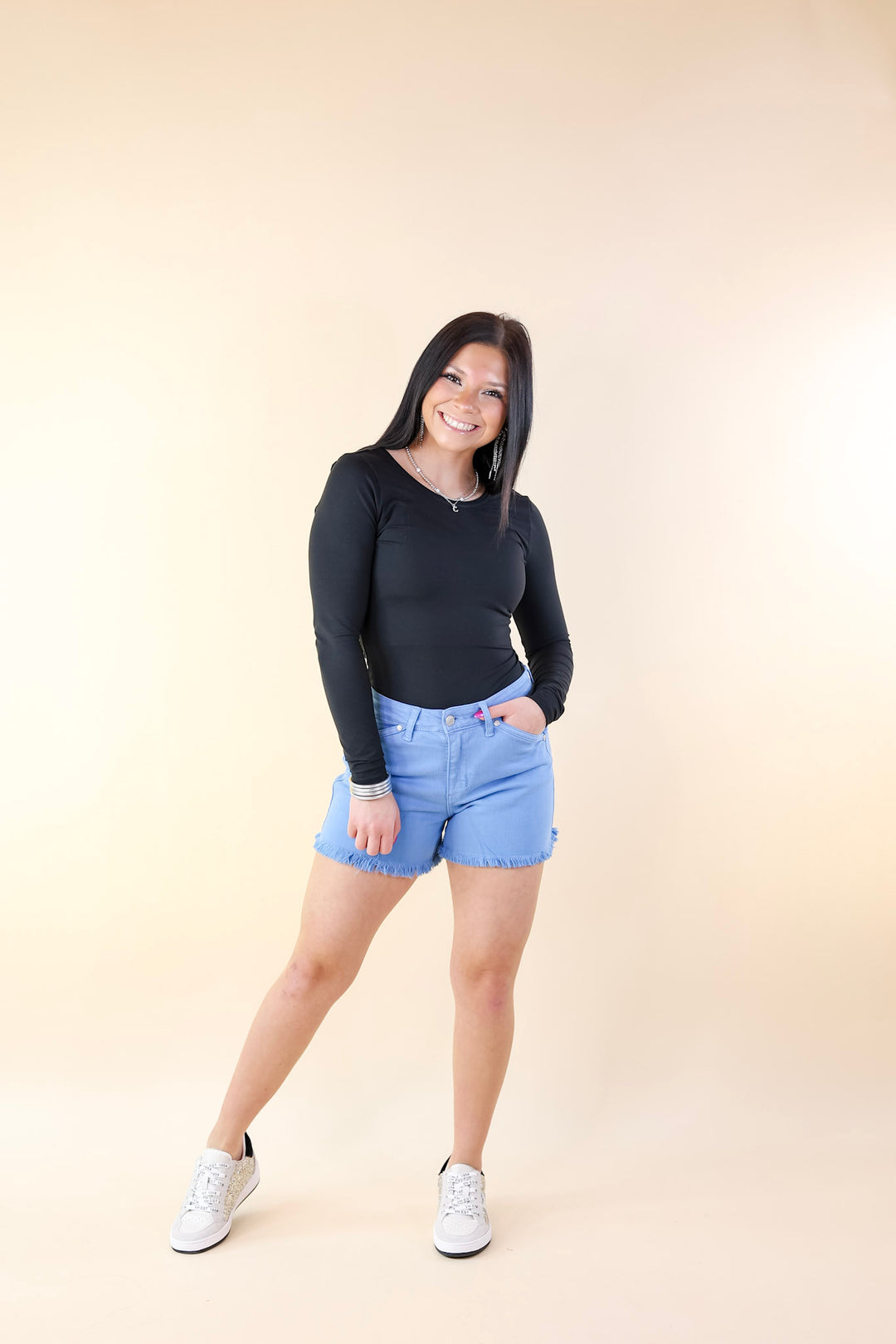 Judy Blue | Sunlight Spectrum Garment Dyed Fray Hem Shorts in Sky Blue Wash - Giddy Up Glamour Boutique